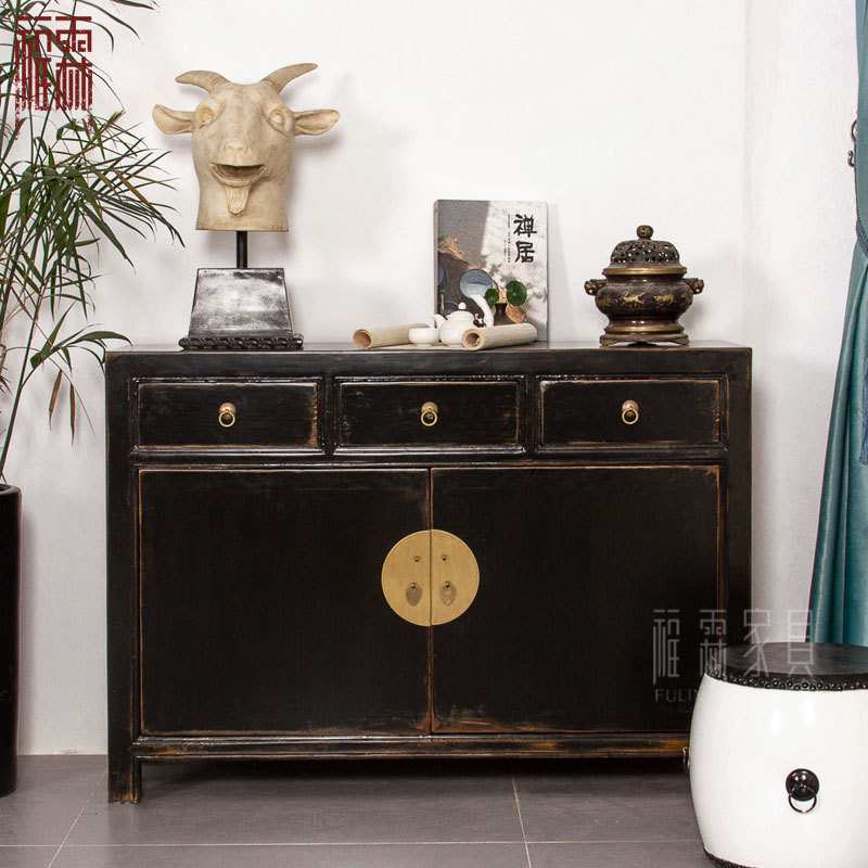 新中式复古黑漆餐边柜明清简约古典家具仿古实木玄关柜门厅储物柜