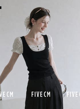 it5cm蕾丝假两件正肩短袖t恤女
