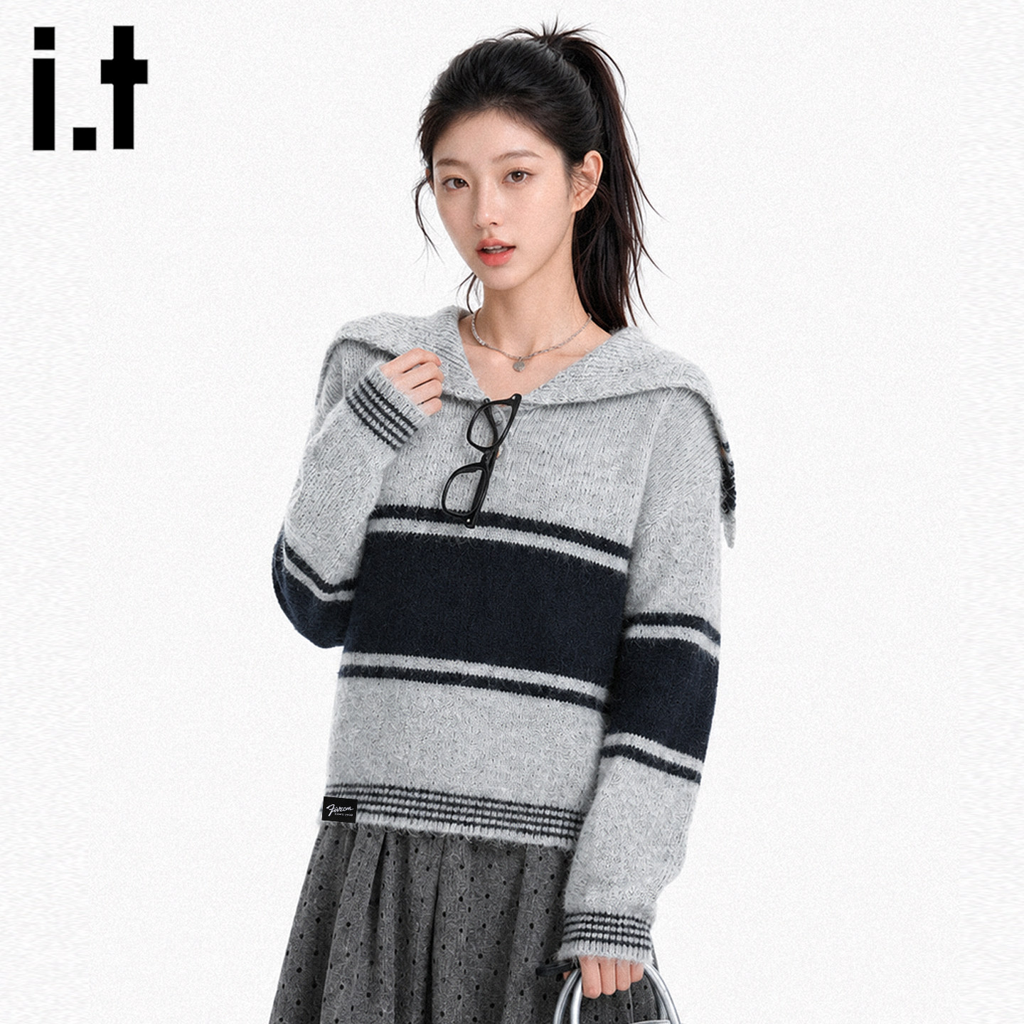 it海军领羊毛条纹毛衣女秋季