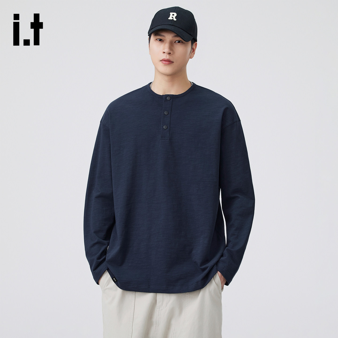 it：fivecm圆领纯棉长袖T恤潮男春秋季重磅宽松套头上衣休闲内搭