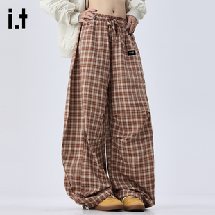 男女2026春夏阔腿拖地长裤 FIVECM复古抽绳格子宽松弯刀裤 5cm