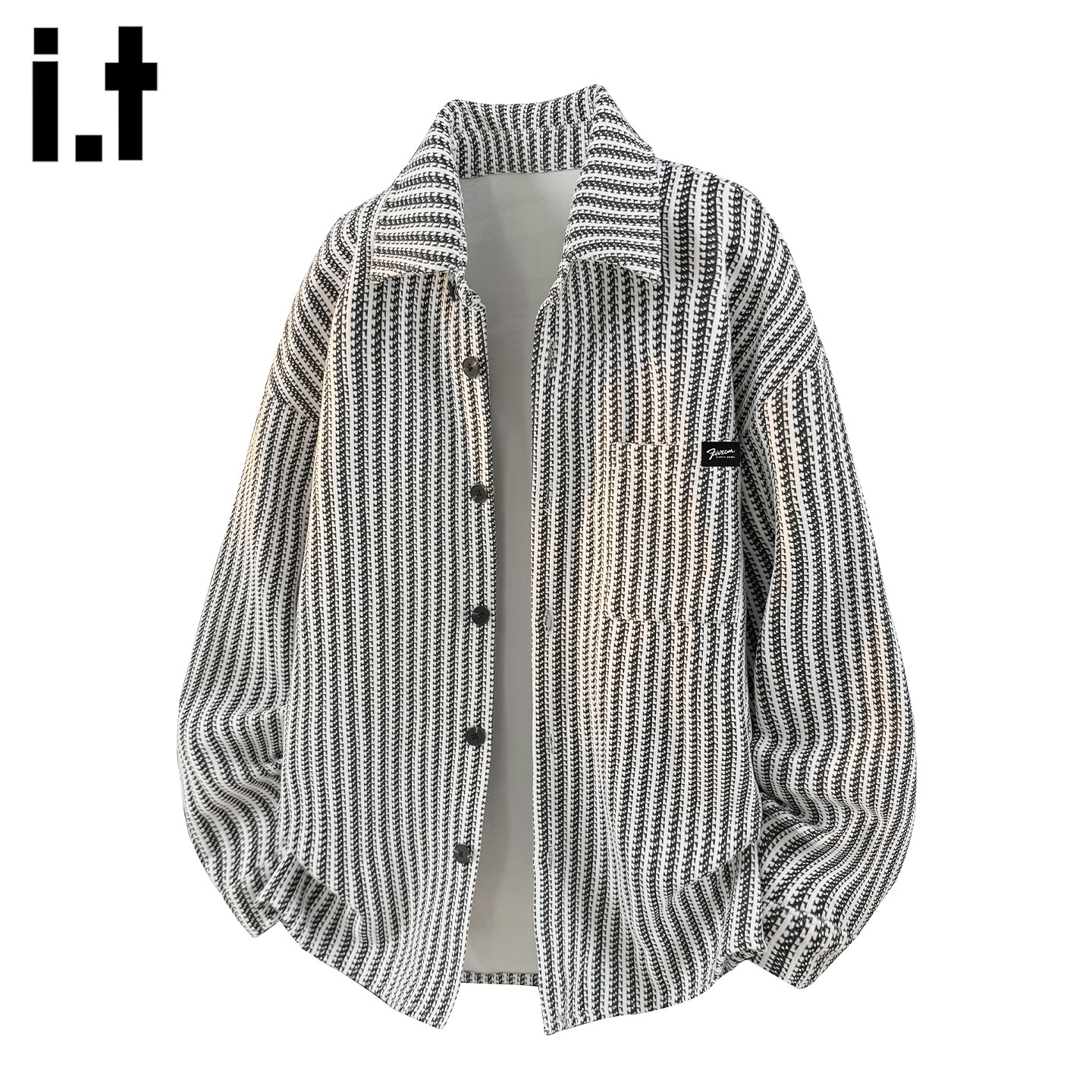 it：fivecm小香风鱼骨纹长袖衬衫男春季潮牌美式宽松休闲衬衣外套