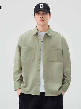 it：fivecm绿色ins风情侣衬衫春季新款男女同款气质显白衬衣外套