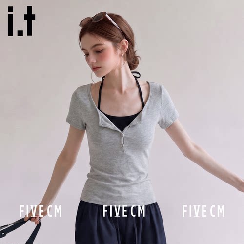 it韩系假两件收腰显瘦T恤女