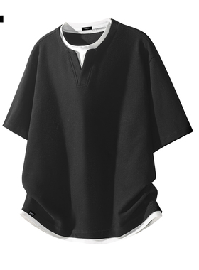 it：fivecm潮牌亨利领短袖t恤男士夏季宽松假两件华夫格百搭上衣