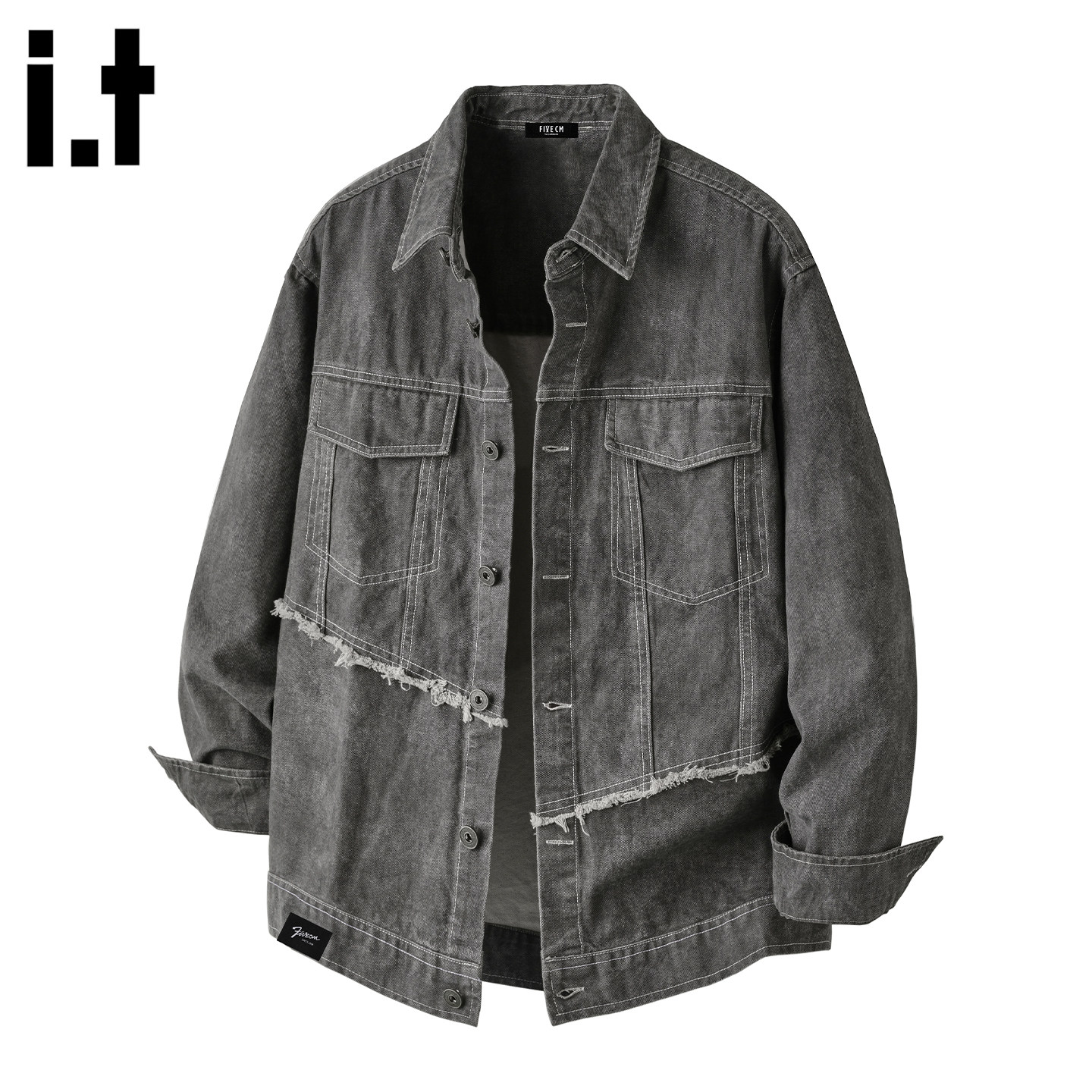 it：fivecm春季新款美式印花条纹外套男潮牌重磅休闲纯棉翻领夹克