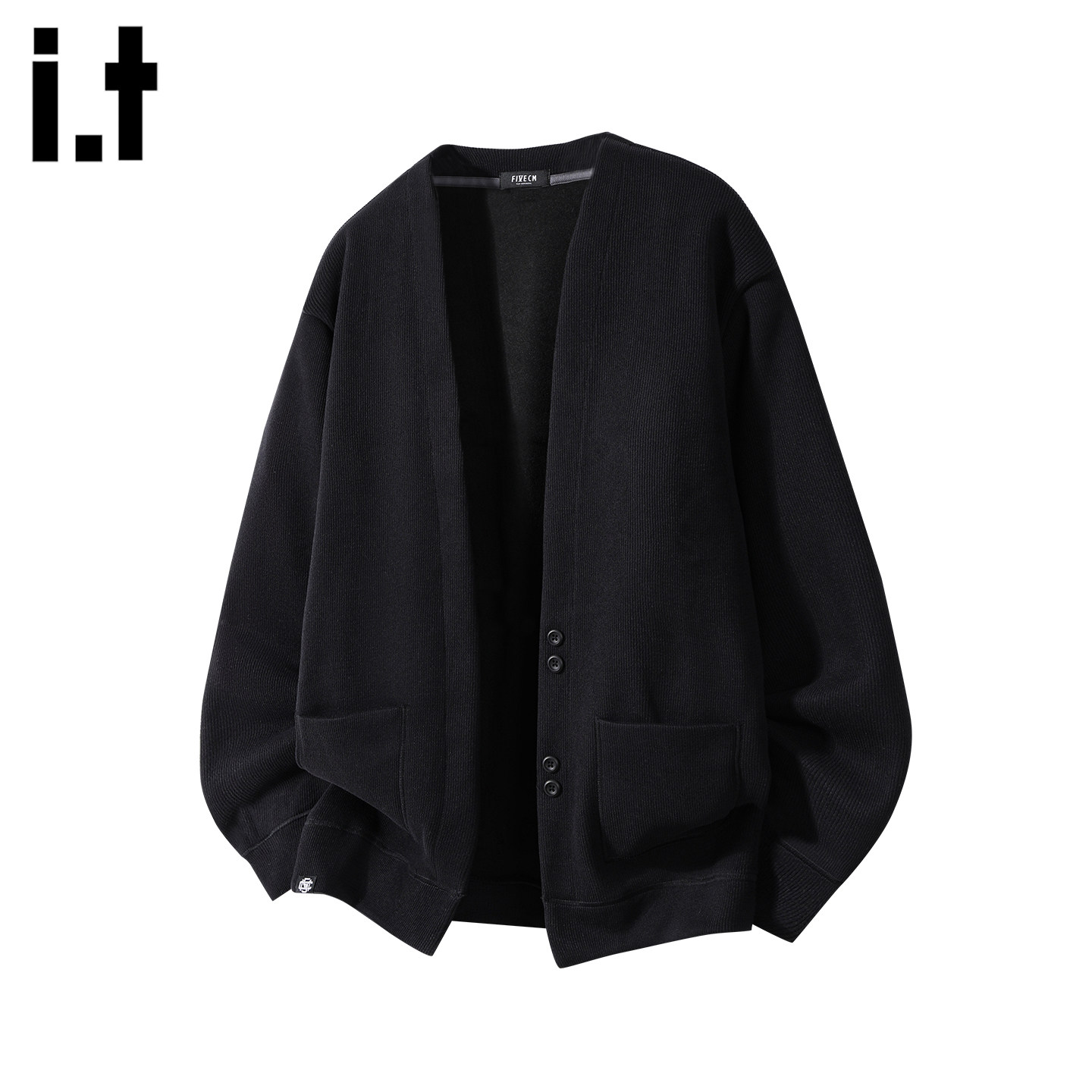 it：fivecm日系慵懒风V领卫衣男春秋季华夫格上衣重磅开衫外套男