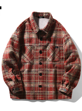 it :5cm/FIVECM时尚潮牌毛呢外套男2025秋冬季红色松弛感格子衬衫