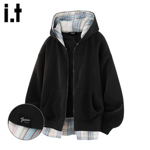 情侣帽衫 假两件连帽卫衣春秋季 外套男 格子拼接开衫 it：fivecm美式