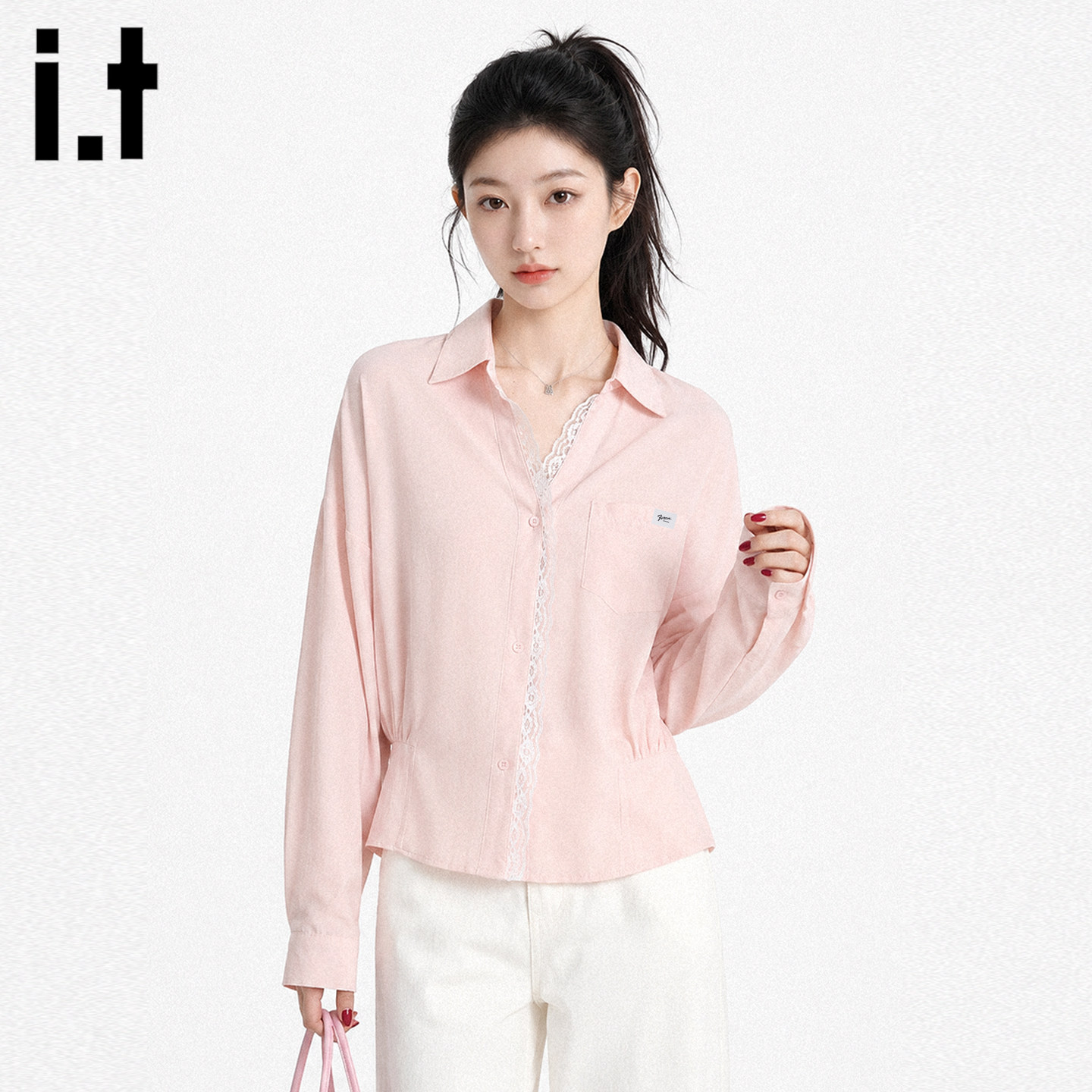 it粉色蕾丝边修身长袖衬衫女秋