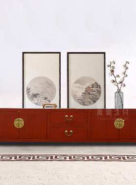 中式实木红色漆仿古做旧电视柜地柜储物柜复古矮柜旧实木家具