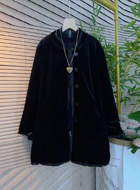 加大码女装立领拼皮边长袖丝绒外套胖妹妹气质冬季款显瘦黑色大衣