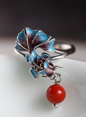 鱼莲纯银饰品中国风女款复古风民族风铃铛会动的网红小众食指戒指