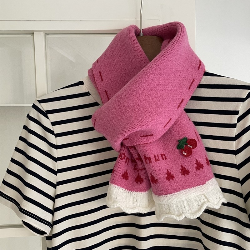可爱立体小樱桃围巾蕾丝边甜美小围脖学生围脖2025年秋冬新品保暖