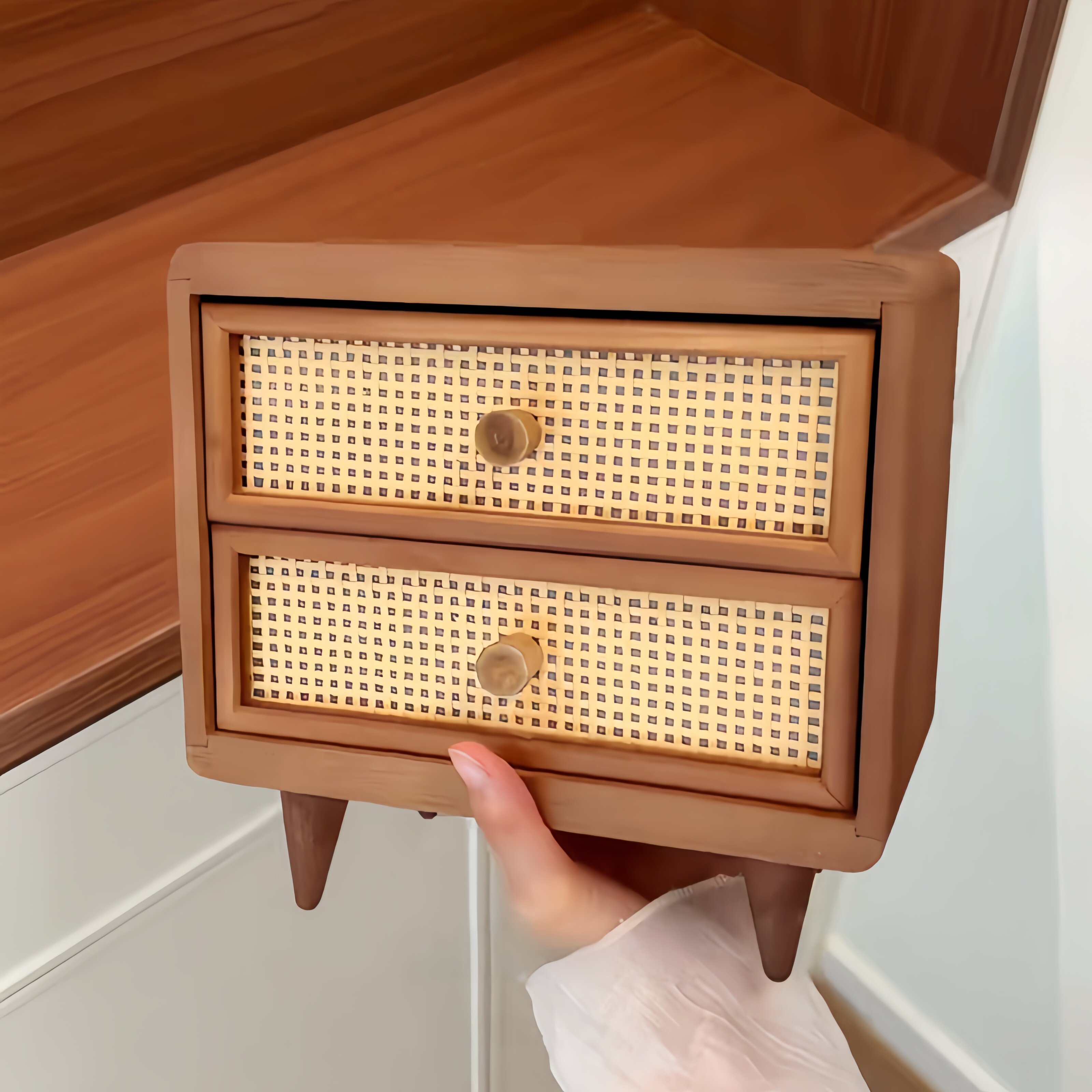 中古风木质藤编小抽屉收纳柜入户门玄关钥匙收纳家用多功能收纳架