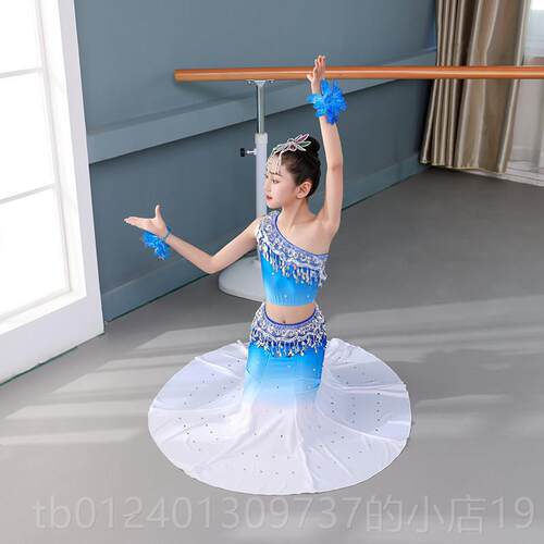高档傣蹈演出服女童族儿童艺考练裙孔雀舞舞蹈表演服修身包功臀鱼