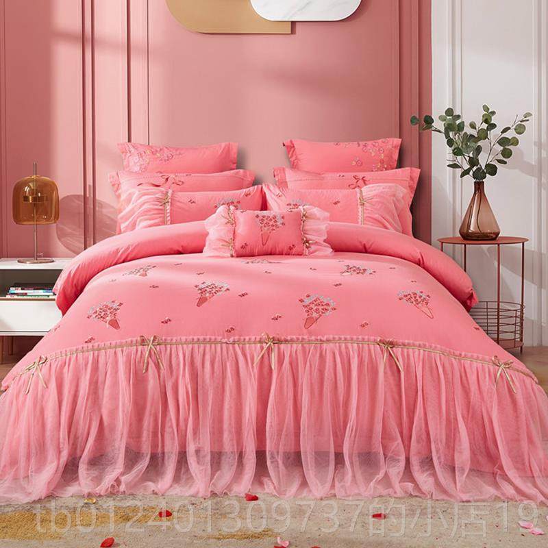 高档婚庆四件组粉色棉被套用结婚上品喜庆纯棉六件套床品床刺全绣