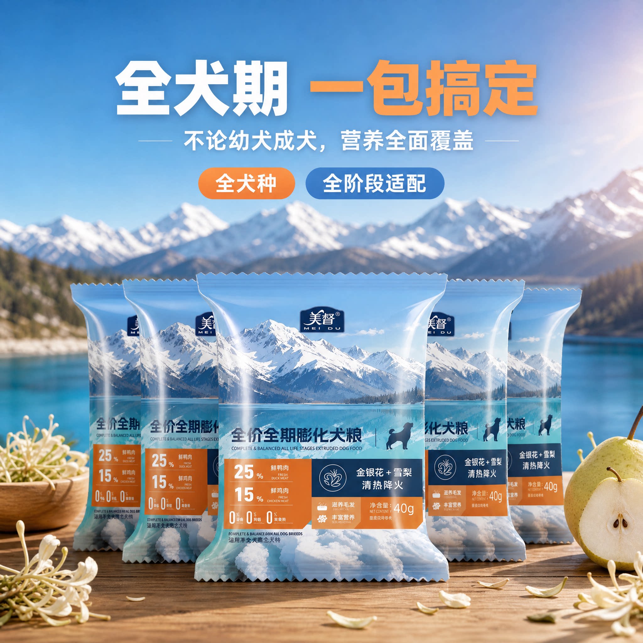 美督全价全期膨化犬粮通用型犬粮营养均匀鸭肉雪梨试吃装40g一包