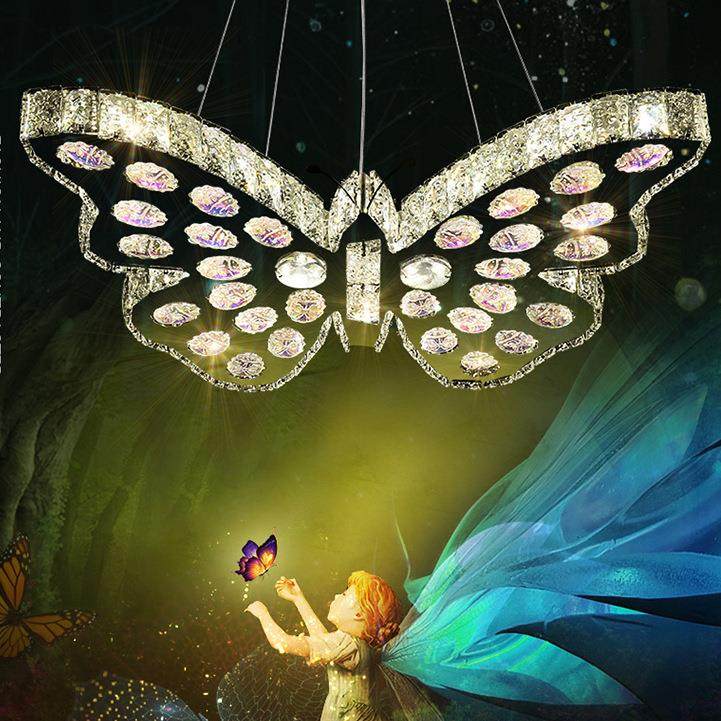 蝴蝶造型水晶卧室吊灯儿童房女孩灯具时尚餐厅灯楼梯灯饰灯具