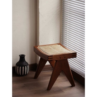 中古侘寂风柚木矮凳实木家用小板凳换鞋凳昌迪加尔手工编藤脚踏凳