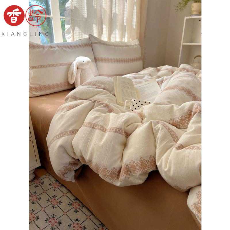文艺简约60S提花纯棉水洗棉四件套ins北欧全棉被套学生三件套床单