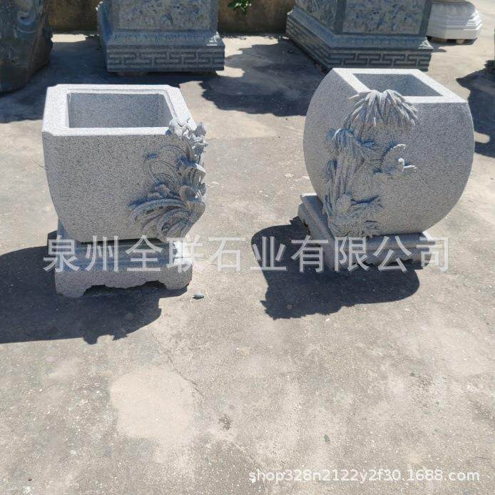 花园庭院石鱼缸水花缸雕塑大理石岗ql0103岩石头莲花缸雕荷花缸石