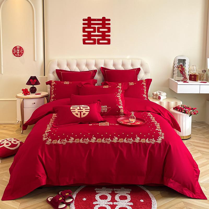 高挡全棉婚四件套绣新婚EK6Gj5rK红色被庆套纯棉龙凤刺结婚陪嫁大