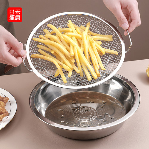 304不锈钢圆盘带网托盘商用沥油盘沥水控油烘培熟食烧烤盘展示盘