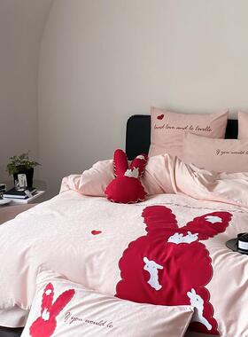 100S高AIP长绒棉提花庆件四套红色结端婚陪婚嫁套件粉色全棉绣花