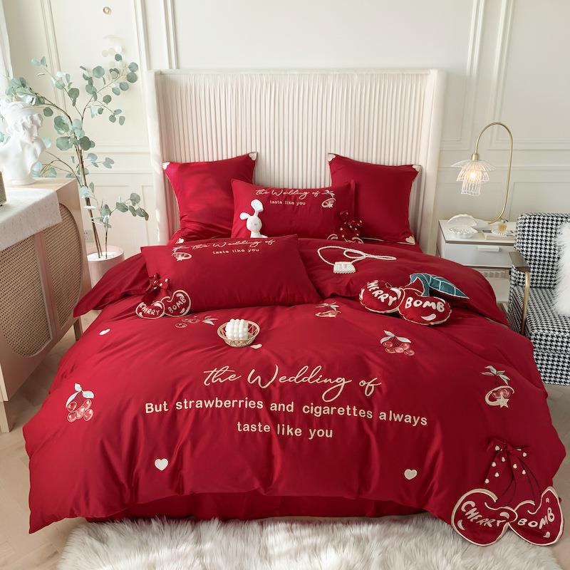 长绒婚庆红四件棉套JL1030全棉高端蝴蝶结大刺色绣被套结婚床上用