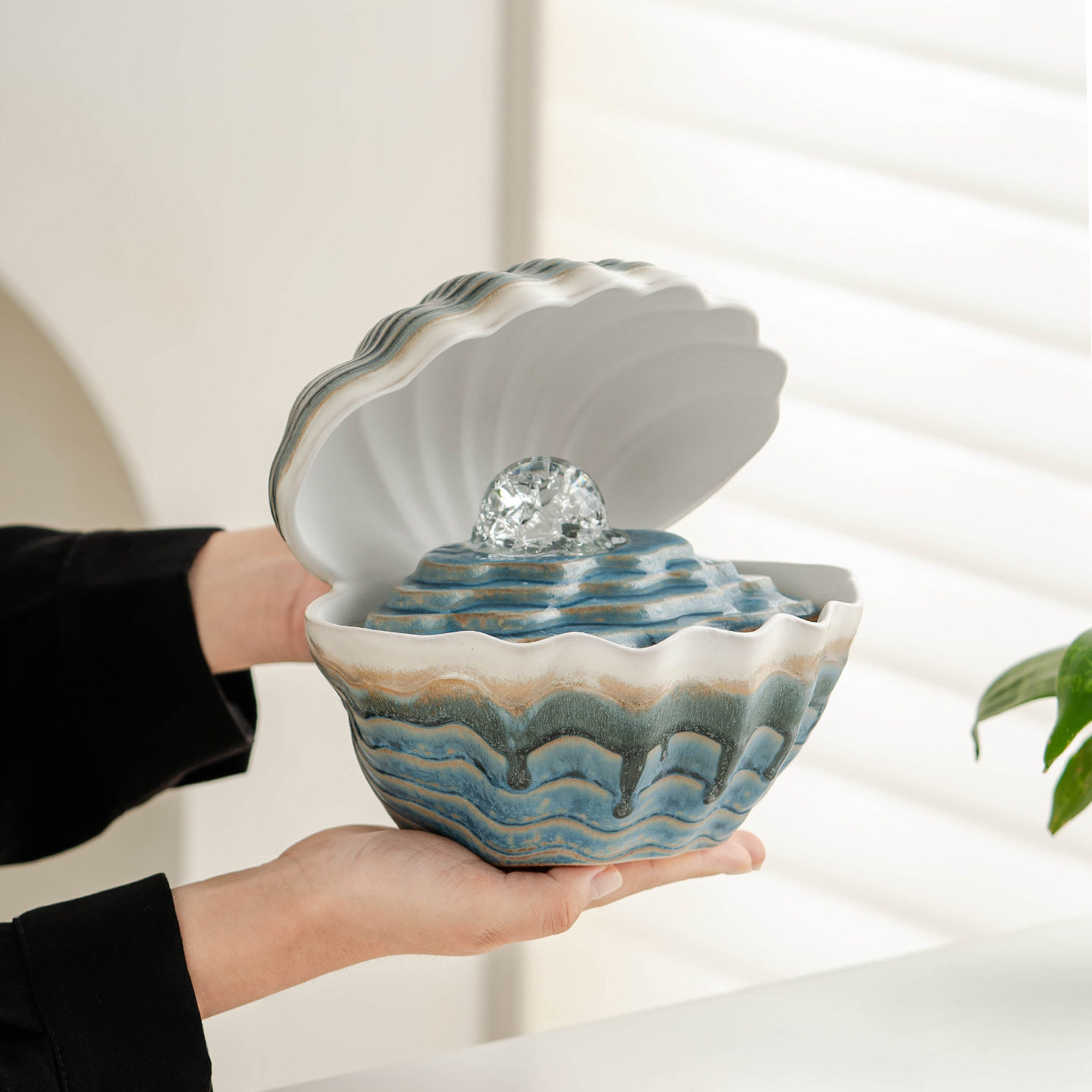 贝壳陶瓷桌面流水摆件办公滴水盆景喷泉茶桌茶台加湿水景奶油