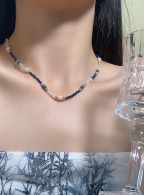 新中式复古天然珍珠拼接天然青金石串珠项链 小众设计高级感颈链