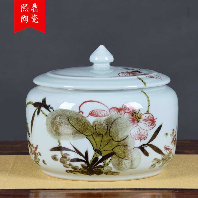 手绘荷花15斤装陶瓷储物带盖缸 绿色环保小清新茶叶罐 储存罐