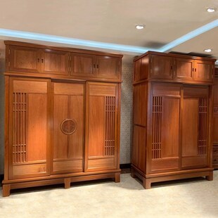 红木家具衣柜金花梨木原木菠萝格全实木新中式推拉门顶箱衣柜整装