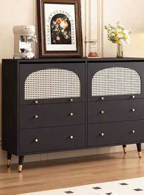 fLE黑色藤编斗柜餐边柜一体法式复古客厅餐厅靠墙收纳柜多功能储