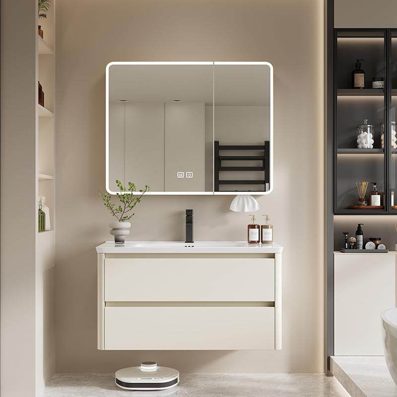 加厚圆弧蜂窝铝板浴室柜智能镜奶油风简约圆角弧形组合陶瓷一体盆