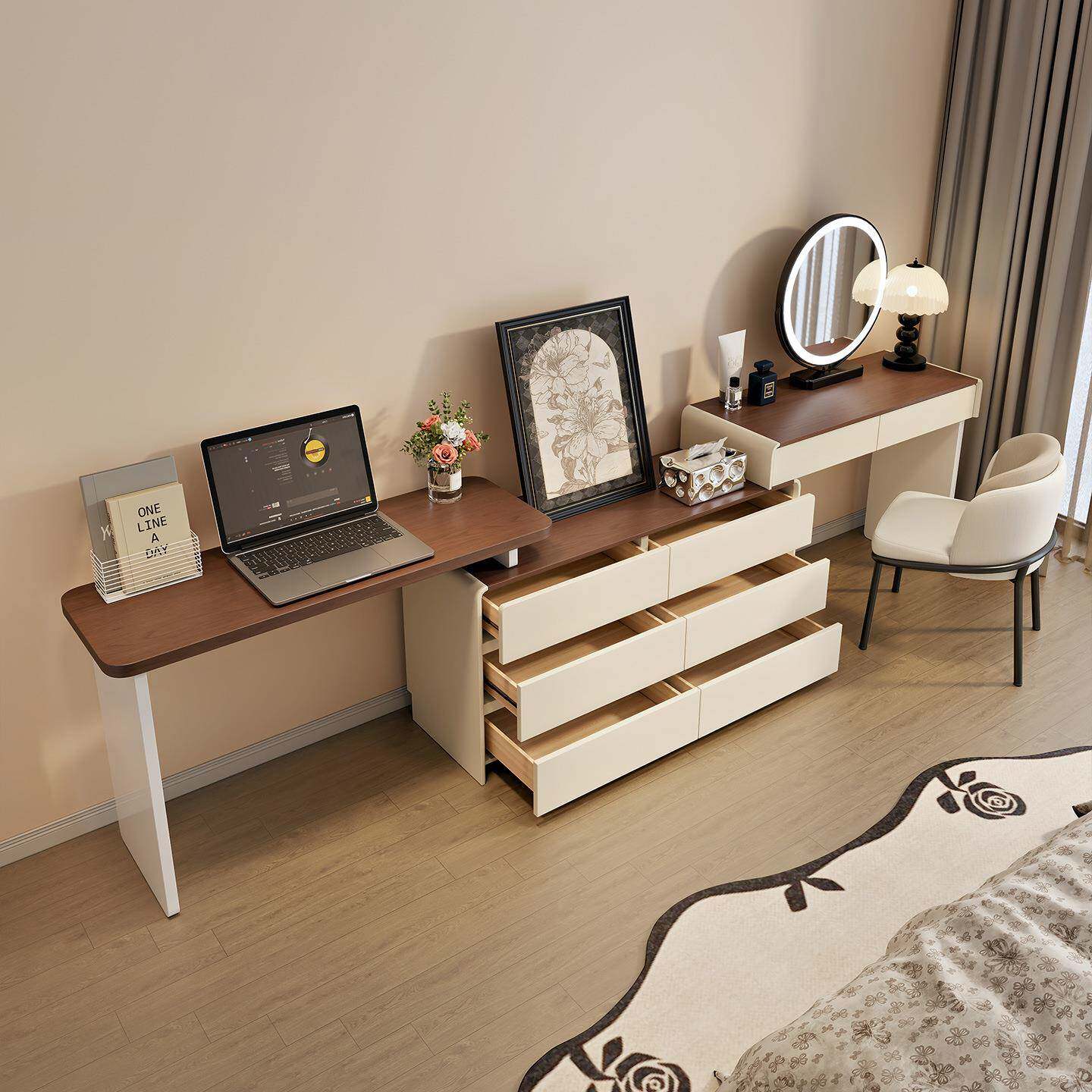 梳妆台斗柜一体书桌卧室简约现代电脑桌实木床尾柜转角化妆收纳柜
