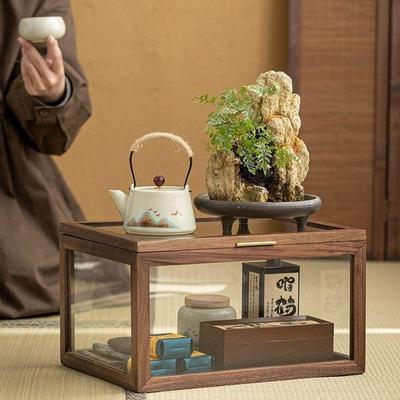 NRB北美黑胡桃木桌面茶几收纳盒透明茶具收纳柜实木置物架文玩展