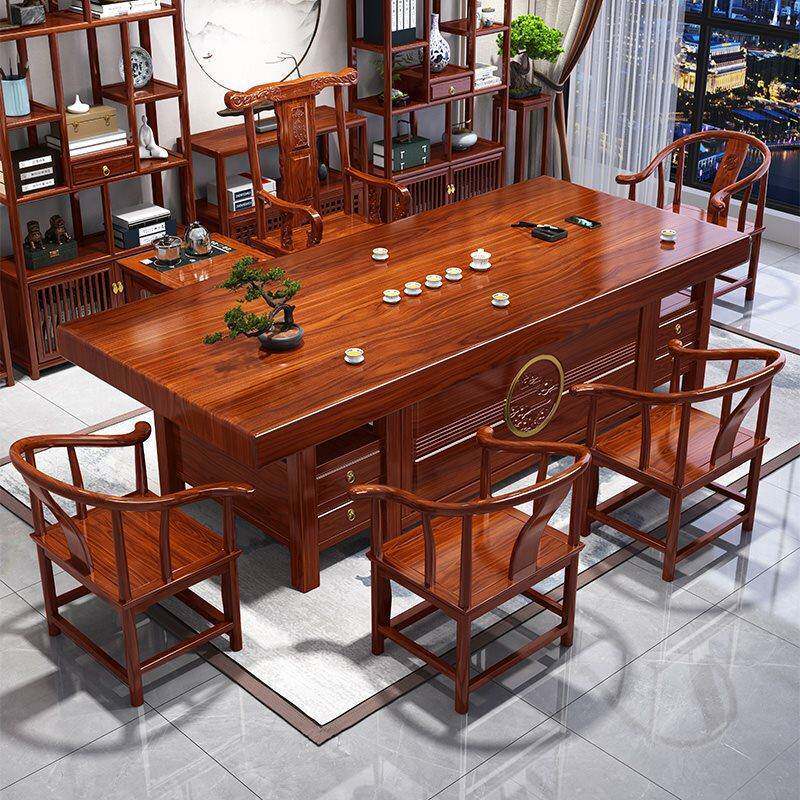 大板茶桌椅组合一桌五椅办公室实木茶几储物客厅家用新中式泡茶台