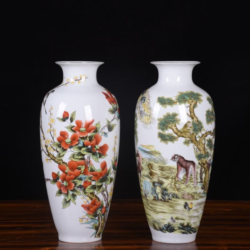 装饰品花瓶摆件釉上彩描金薄胎透光茶梅迎春十二生肖陶瓷花瓶花插