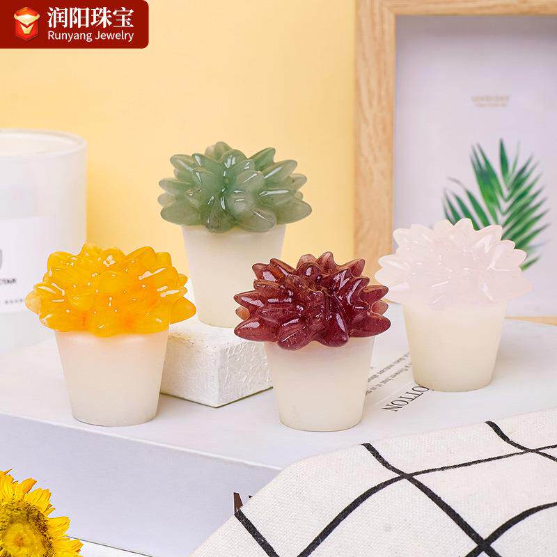 天然水晶原石多肉植物石膏底座小盆栽手工雕刻微景观桌面装饰摆件