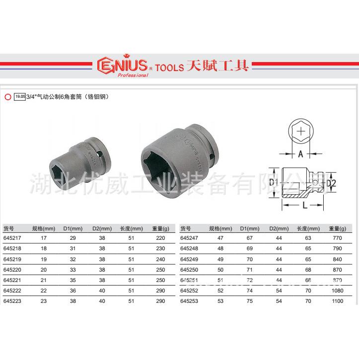GEIUS天赋工具3/4″气动制6六角套645217-6筒铬钼钢6N452417-65公