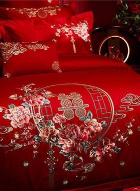纯棉新中式结红婚四件套大色床单刺绣喜庆套全棉床用品上陪被VGU