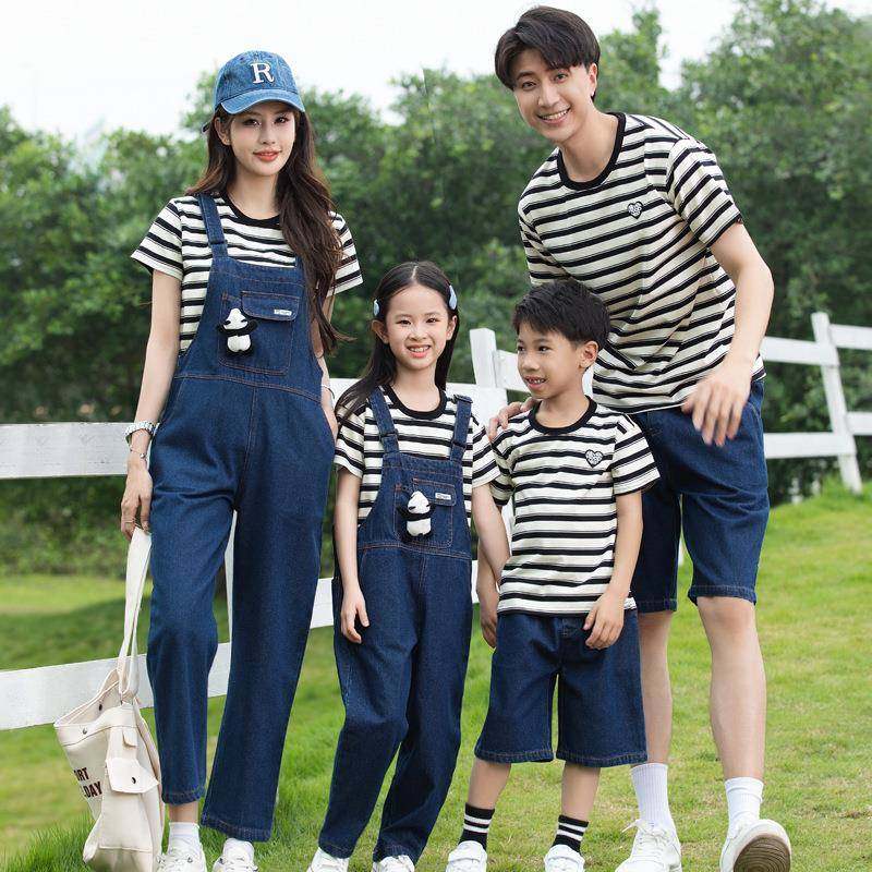 四子装夏季款新一家三口短袖全家装牛仔母女背亲带裤口家庭931装
