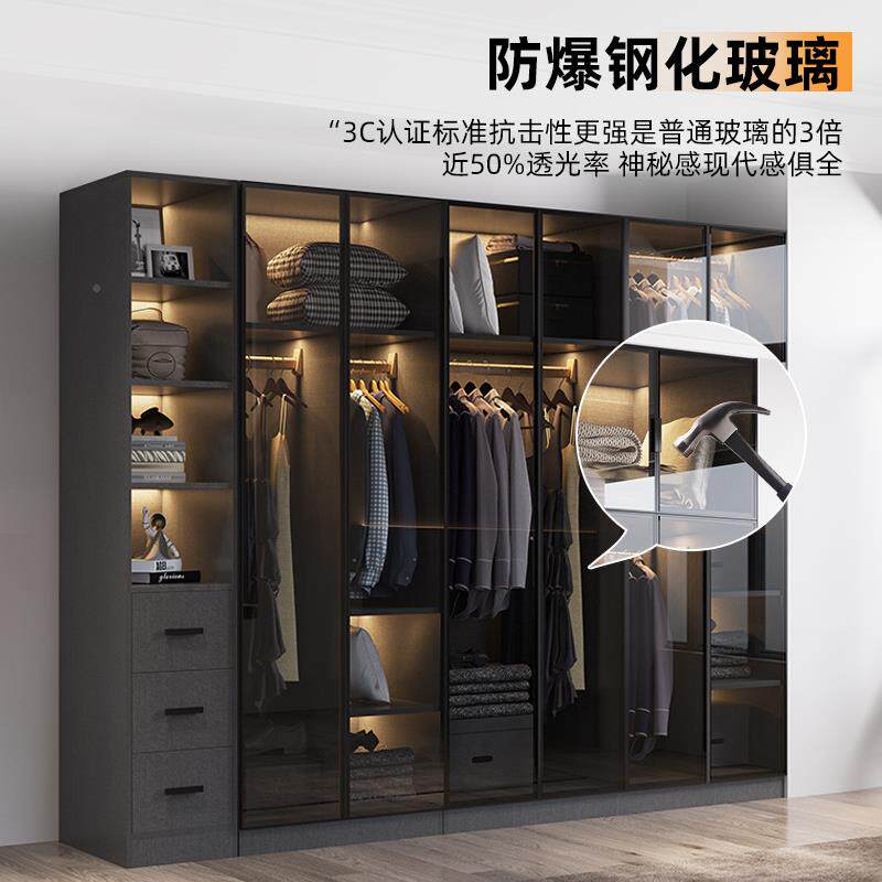 实木衣柜卧室家用玻璃门户小型轻现代衣帽间柜子可组合衣玻璃衣柜