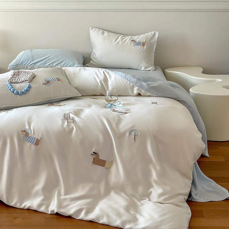 6支兰精天床上四件套卡通刺绣丝丝PZ1732滑套床0单被a类母婴级可