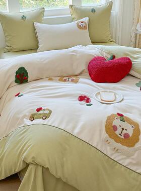 送棉抱枕卡通100S全套磨毛四件Y13可爱狮子刺绣.2m1秋冬被套床品