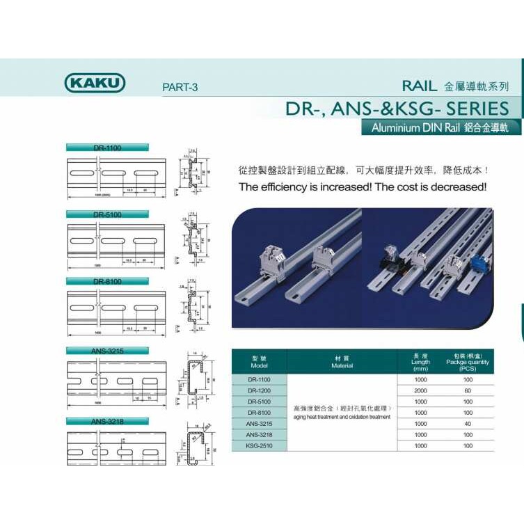 KAKU卡固导轨C45电气安装铝导轨35mm导轨条 DIN铝合金导轨DR1100