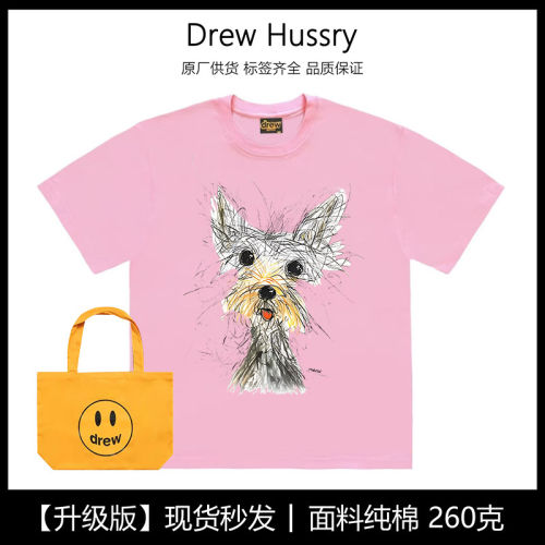 Drew美式潮牌手绘潦草狗纯棉重磅短袖女宽松休闲百搭T恤情侣上衣