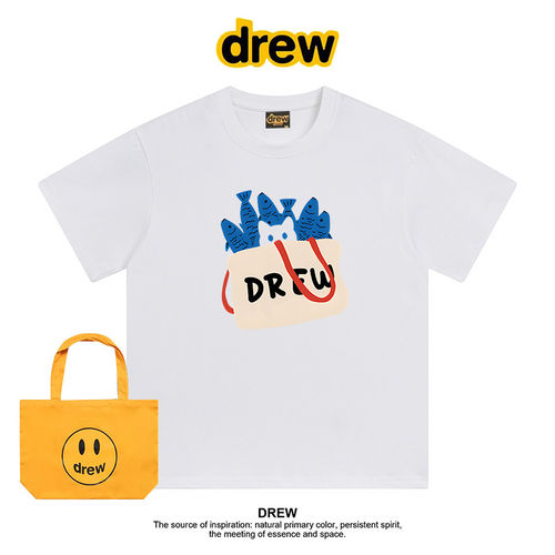 Drew美式潮牌卡通小猫印花夏季圆领正肩短袖T恤男女款休闲上衣